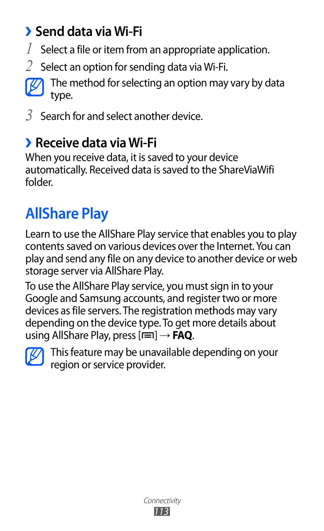 Samsung GT-I9100LKAVVT, GT-I9100LKAXEU, GT-I9100LKAXSP manual AllShare Play, ››Send data via Wi-Fi, ››Receive data via Wi-Fi 