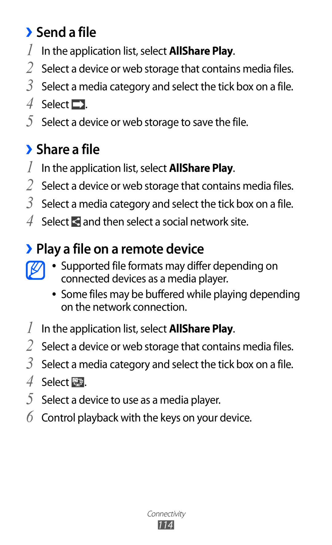 Samsung GT-I9100LKAGBL, GT-I9100LKAXEU, GT-I9100LKAXSP manual ››Send a file, ››Share a file, ››Play a file on a remote device 