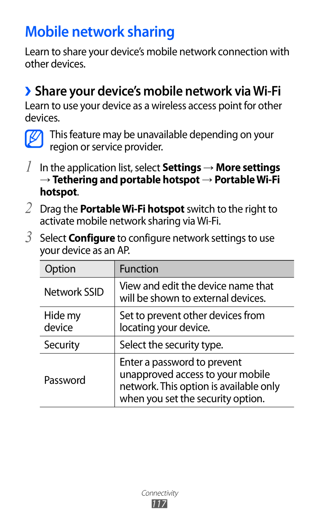 Samsung GT2I9100LKAMTL, GT-I9100LKAXEU Mobile network sharing, → Tethering and portable hotspot → Portable Wi-Fi hotspot 