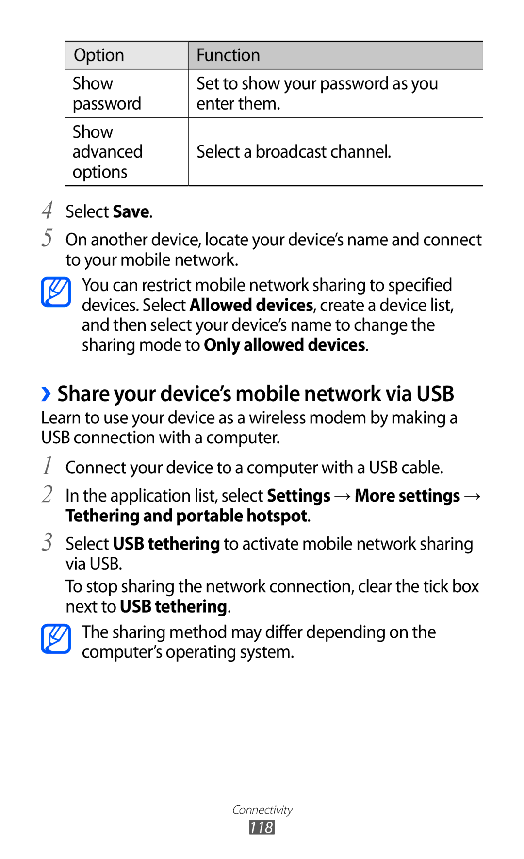 Samsung GT-I9100LKAMTL, GT-I9100LKAXEU manual ››Share your device’s mobile network via USB, Tethering and portable hotspot 