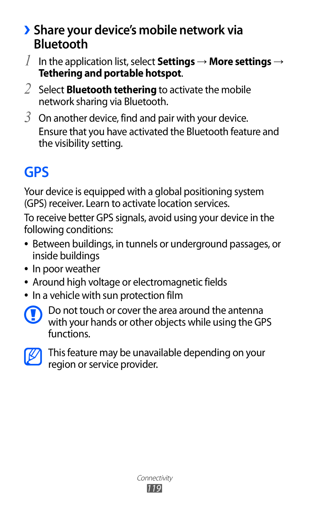 Samsung GT2I9100LKAGBL, GT-I9100LKAXEU, GT-I9100LKAXSP manual Gps, ››Share your device’s mobile network via Bluetooth 