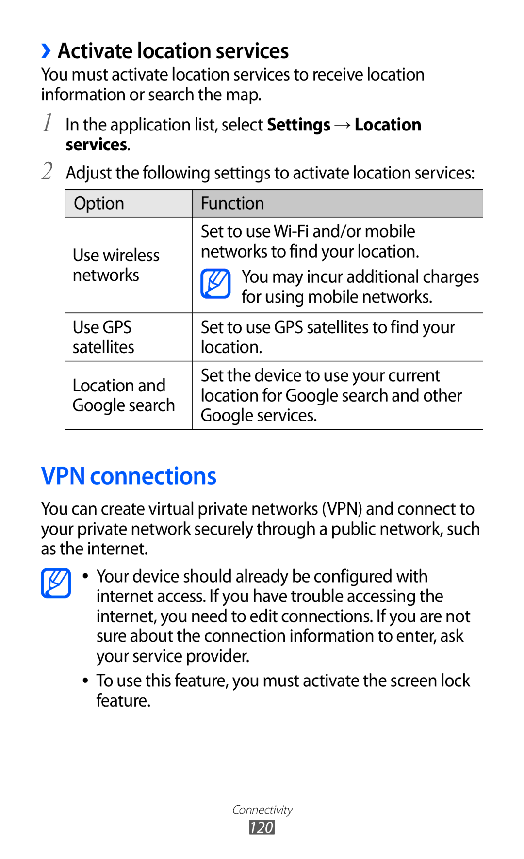 Samsung GT2I9100LKAVVT, GT-I9100LKAXEU, GT-I9100LKAXSP, GT-I9100LKAVIA manual VPN connections, ››Activate location services 