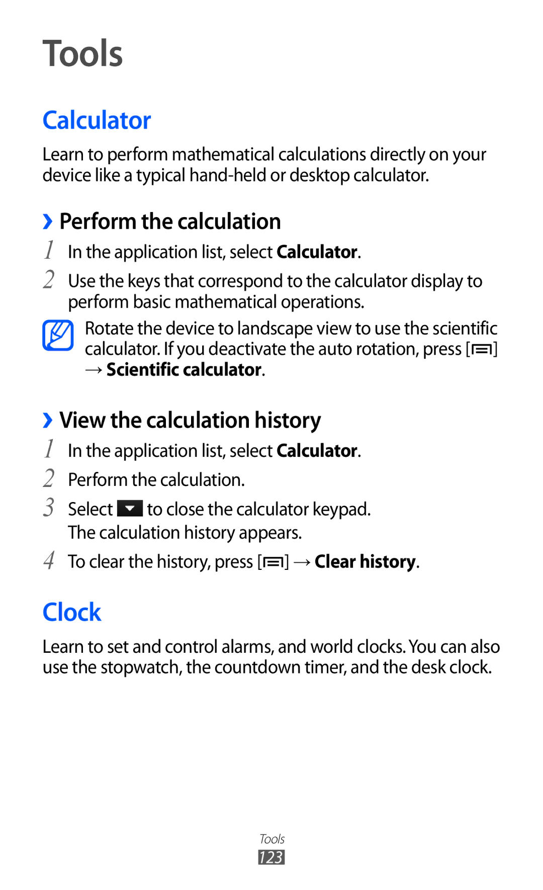 Samsung GT-I9100LKAAUT, GT-I9100LKAXEU Tools, Calculator, Clock, ››Perform the calculation, ››View the calculation history 