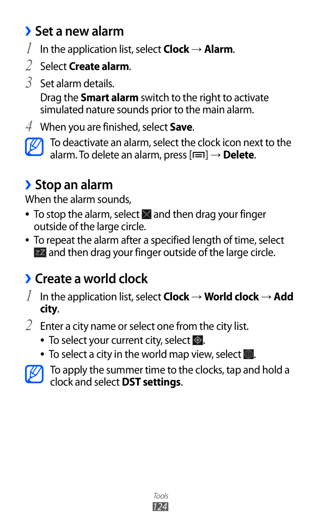 Samsung GT2I9100RWAORS manual ››Set a new alarm, ››Stop an alarm, ››Create a world clock, Select Create alarm, City 