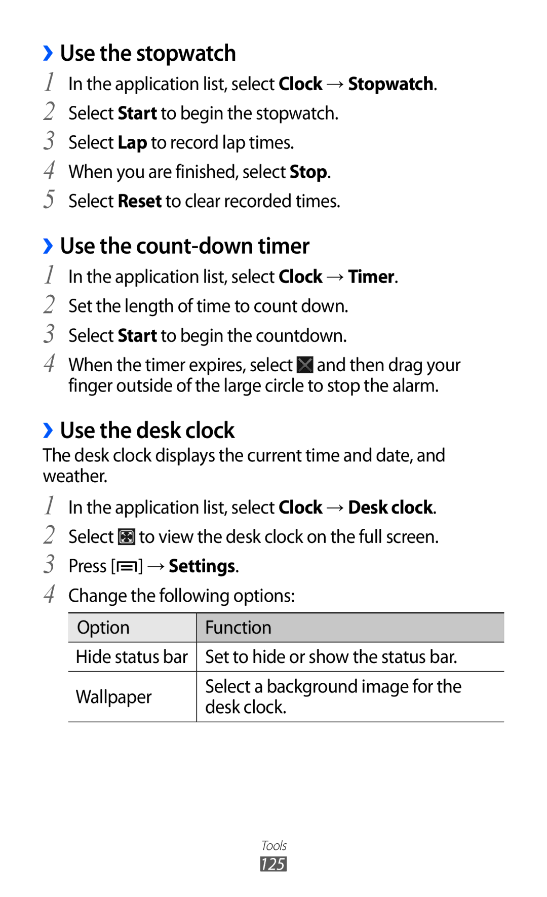 Samsung GT2I9100RWAXEZ, GT-I9100LKAXEU manual ››Use the stopwatch, ››Use the count-down timer, ››Use the desk clock 