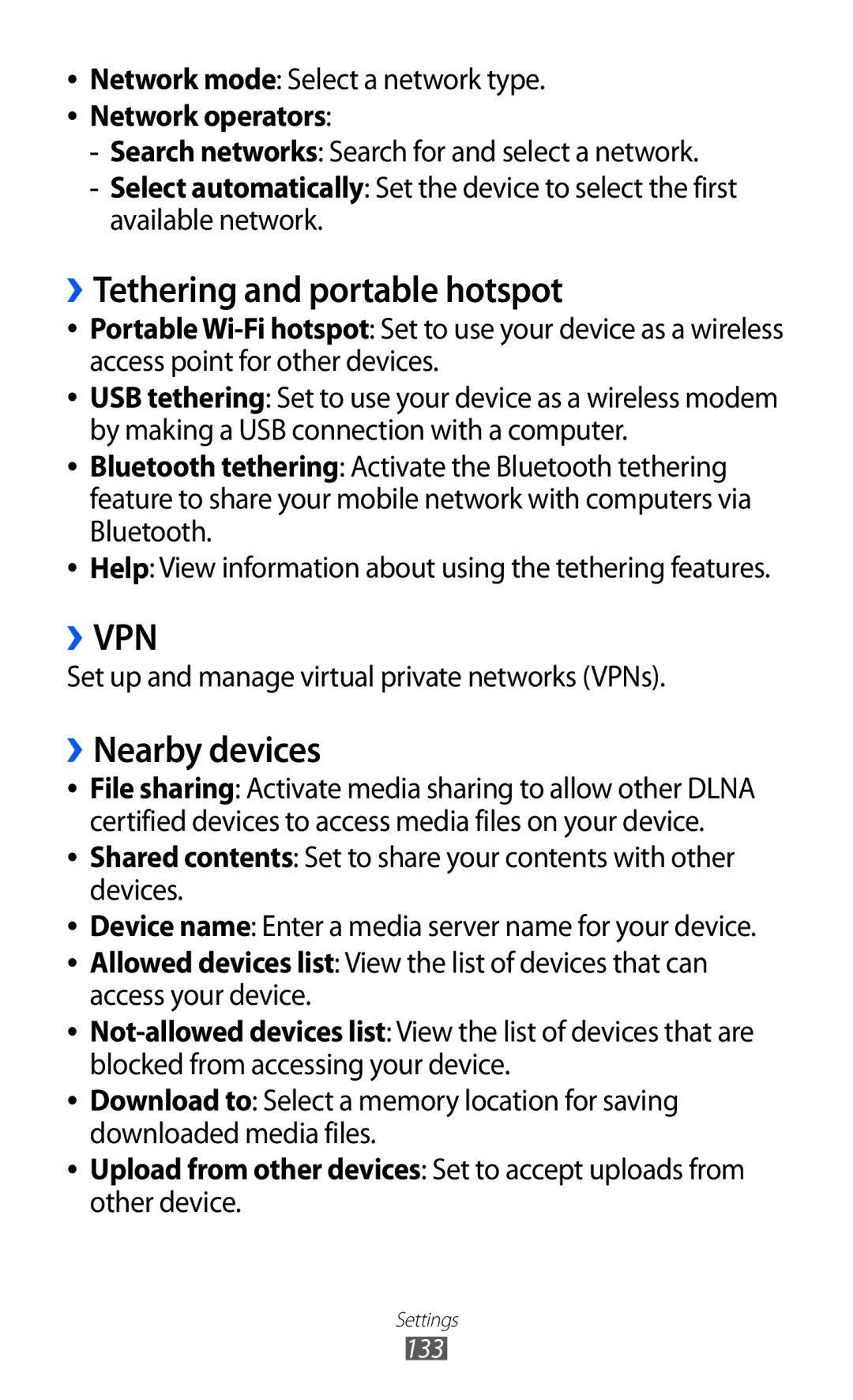 Samsung GT2I9100RWAVDC manual ››Tethering and portable hotspot, ››Nearby devices, Network mode Select a network type 