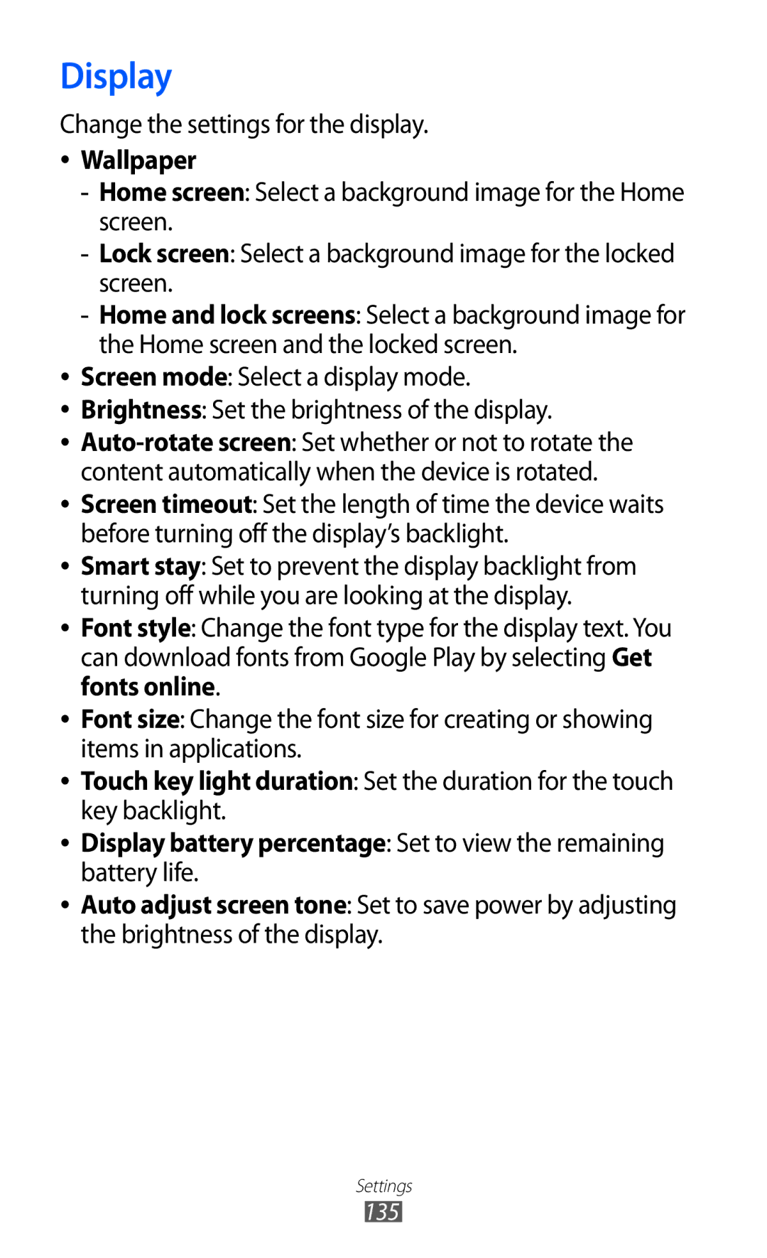 Samsung GT-I9100LKATMZ, GT-I9100LKAXEU, GT-I9100LKAXSP manual Display, Change the settings for the display, Wallpaper 