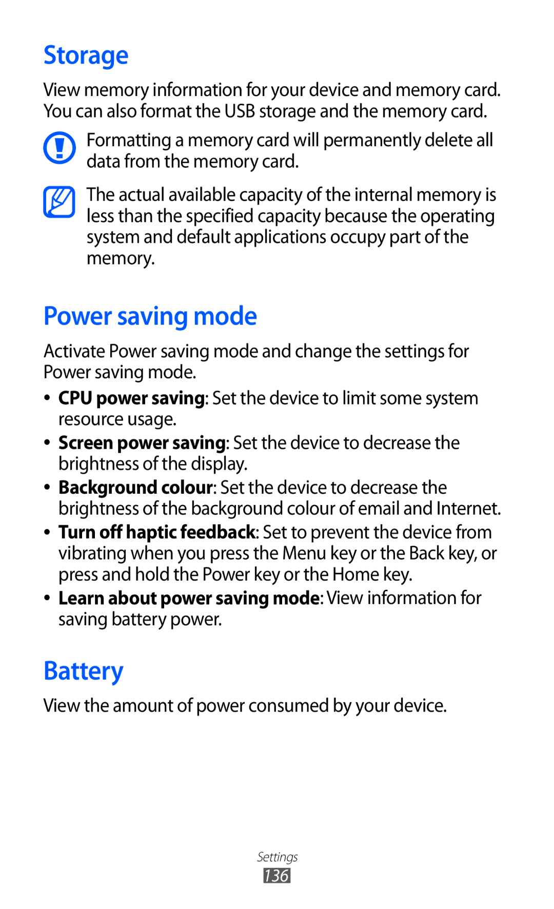 Samsung GT2I9100LKAVDC manual Storage, Power saving mode, Battery, View the amount of power consumed by your device 