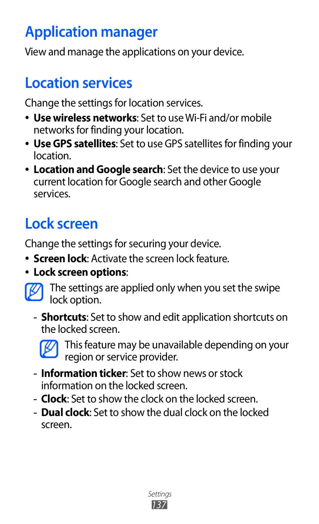 Samsung GT-I9100RWADRE Application manager, Location services, Lock screen, Change the settings for location services 