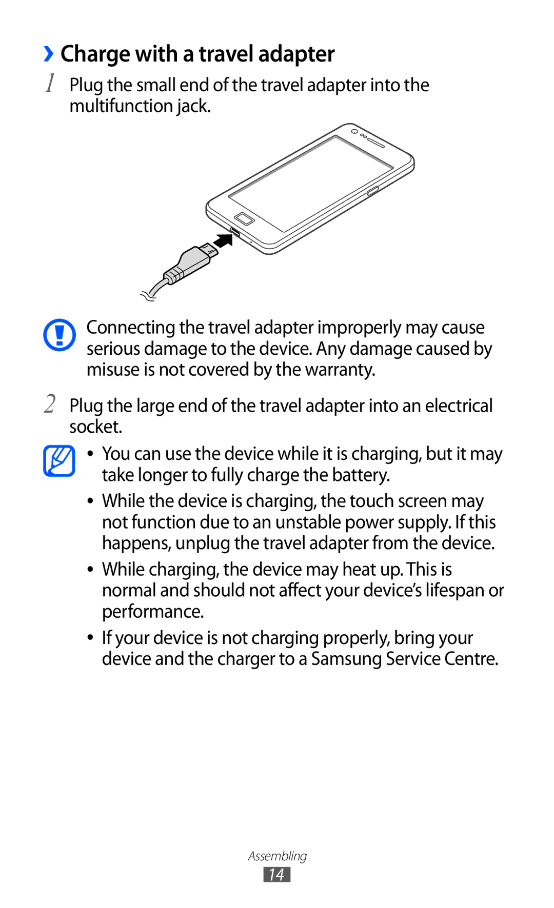 Samsung GT-I9100LKNDBT, GT-I9100LKAXEU, GT-I9100LKAXSP, GT-I9100LKAVIA, GT-I9100RWAEPL manual ››Charge with a travel adapter 