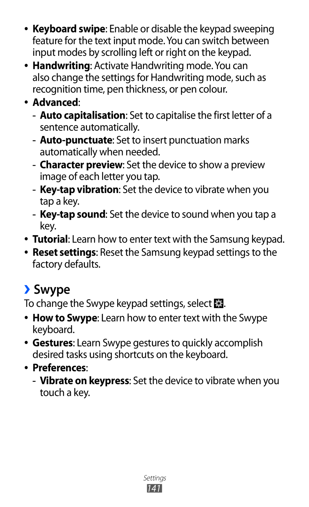 Samsung GT-I9100LKAORS, GT-I9100LKAXEU, GT-I9100LKAXSP, GT-I9100LKAVIA, GT-I9100RWAEPL manual ››Swype, Advanced, Preferences 