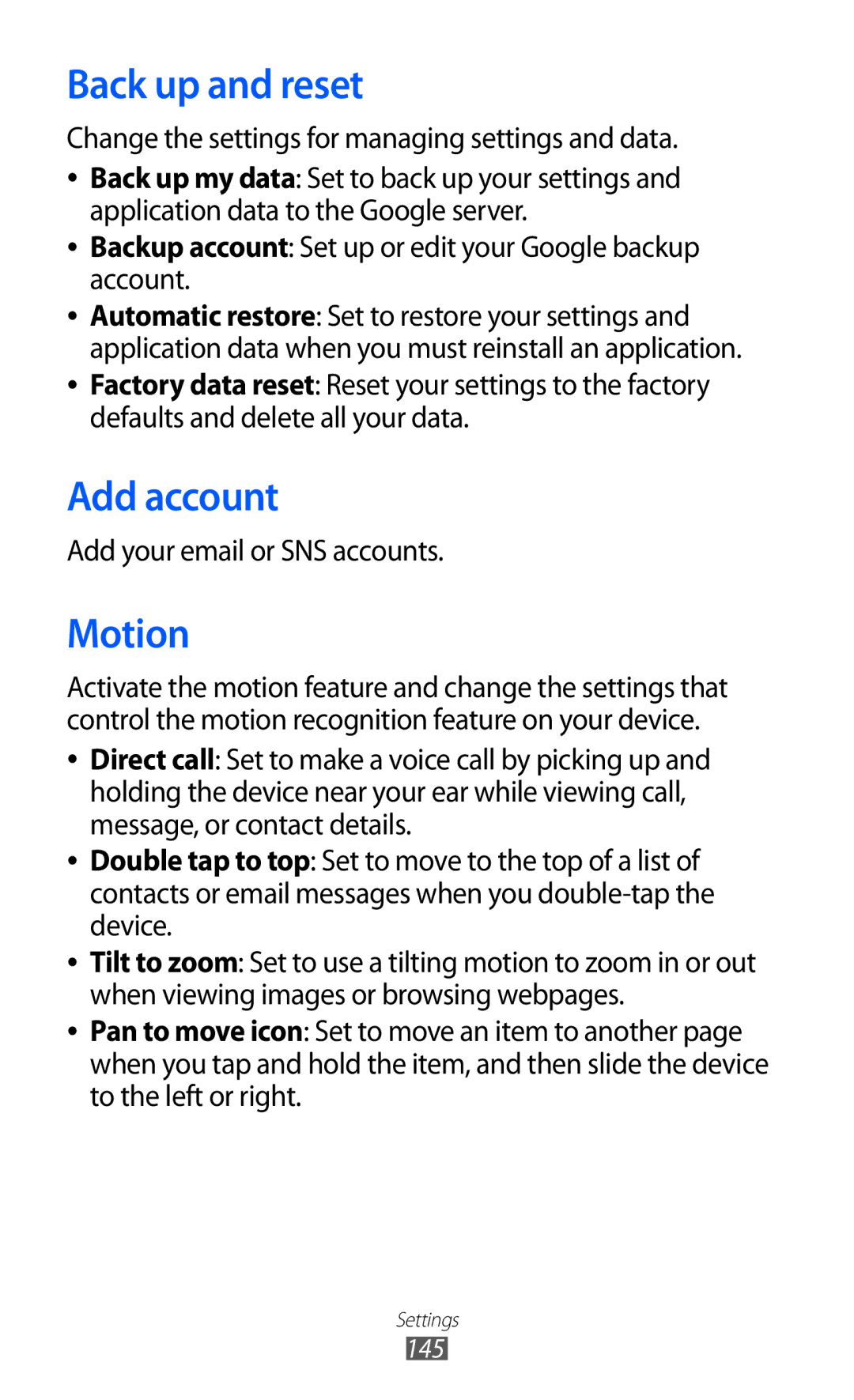 Samsung GT-I9100OIASEB, GT-I9100LKAXEU, GT-I9100LKAXSP, GT-I9100LKAVIA, GT-I9100RWAEPL Back up and reset, Add account, Motion 