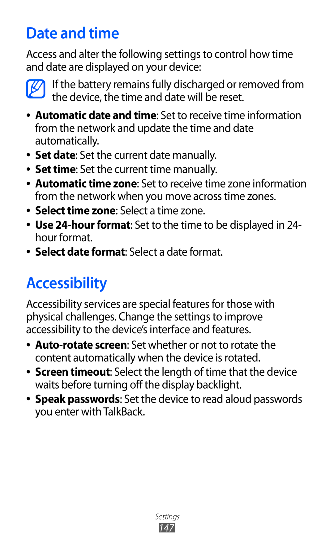 Samsung GT-I9100LKAVGR, GT-I9100LKAXEU, GT-I9100LKAXSP, GT-I9100LKAVIA, GT-I9100RWAEPL manual Date and time, Accessibility 