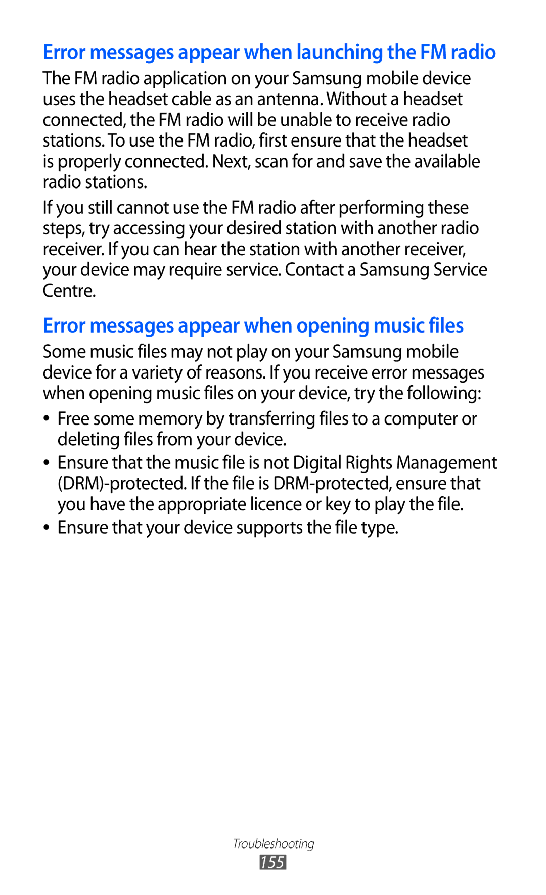 Samsung GT-I9100LKASER, GT-I9100LKAXEU, GT-I9100LKAXSP, GT-I9100LKAVIA manual Error messages appear when opening music files 