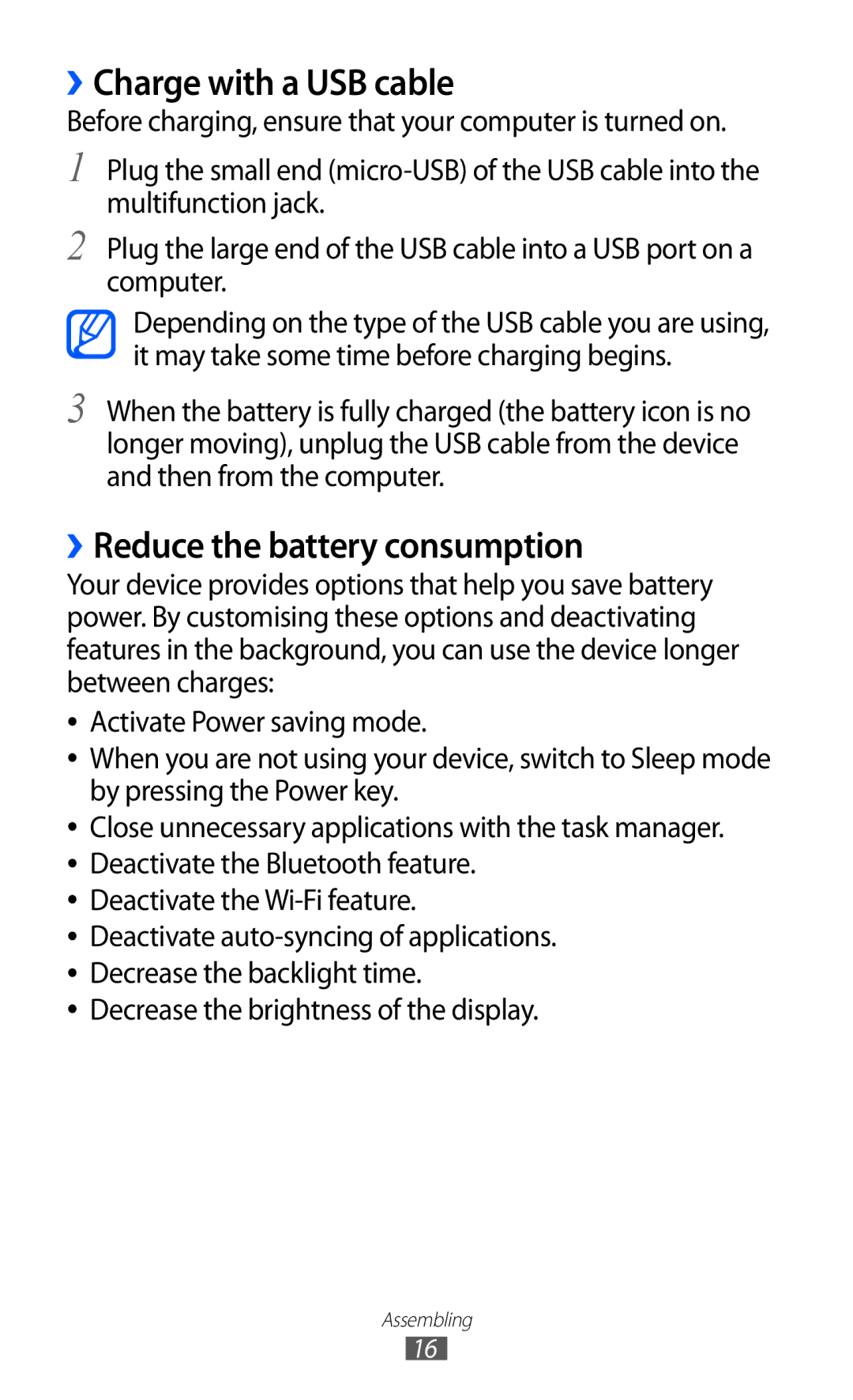 Samsung GT-I9100RWRDBT ››Charge with a USB cable, ››Reduce the battery consumption, Decrease the brightness of the display 