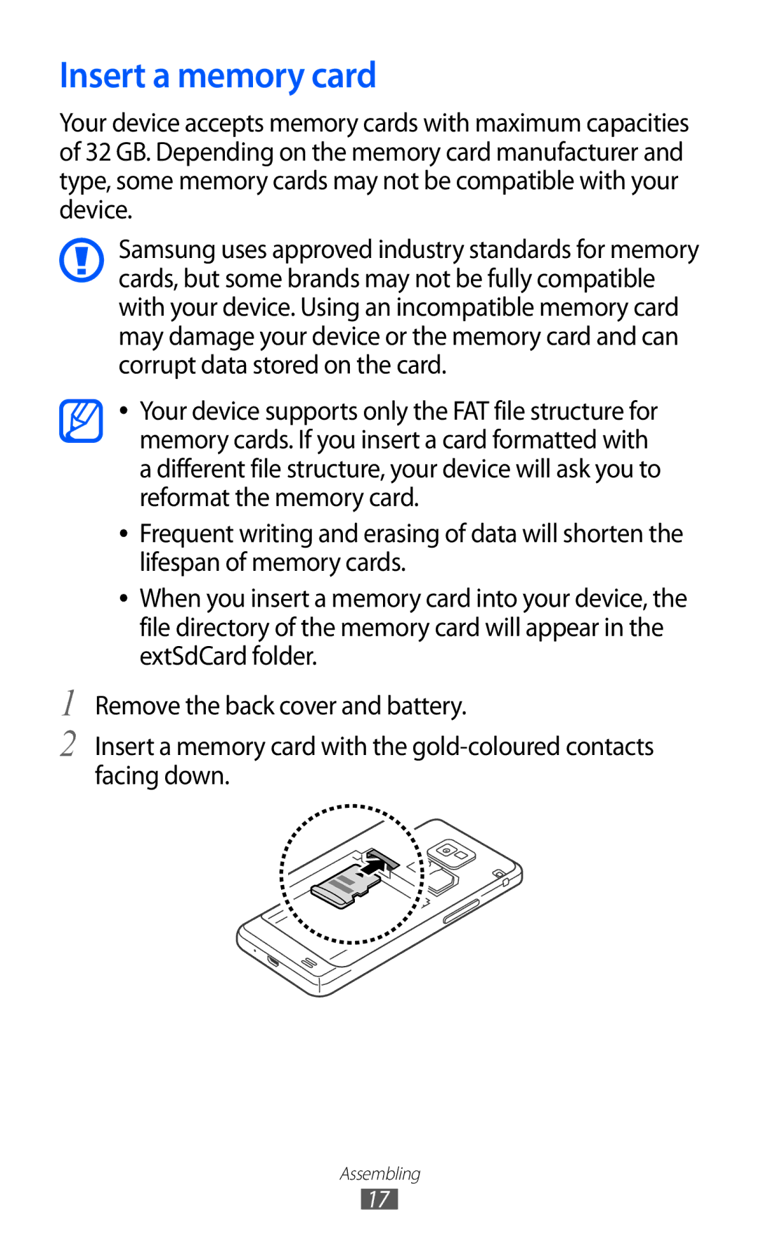 Samsung GT-I9100RWAVIA, GT-I9100LKAXEU, GT-I9100LKAXSP, GT-I9100LKAVIA, GT-I9100RWAEPL, GT-I9100RWATUR Insert a memory card 