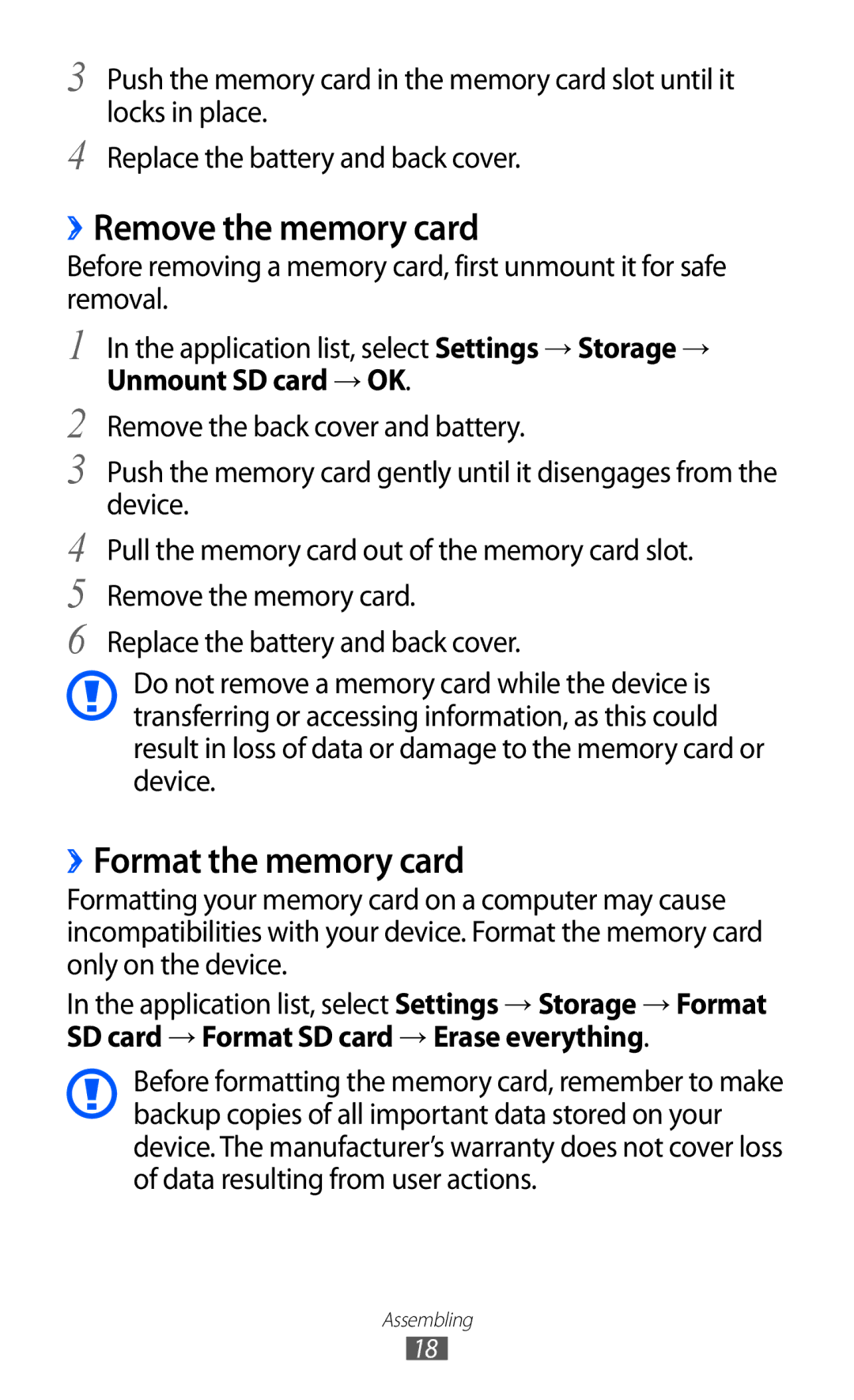 Samsung GT-I9100RWAMBC, GT-I9100LKAXEU manual ››Remove the memory card, ››Format the memory card, Unmount SD card → OK 