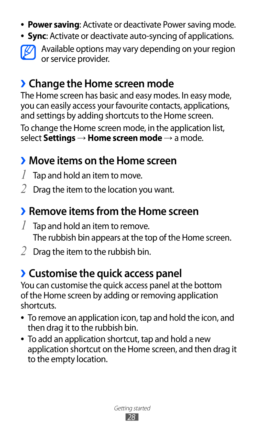 Samsung GT-I9100RWAATO ››Change the Home screen mode, ››Move items on the Home screen, ››Remove items from the Home screen 