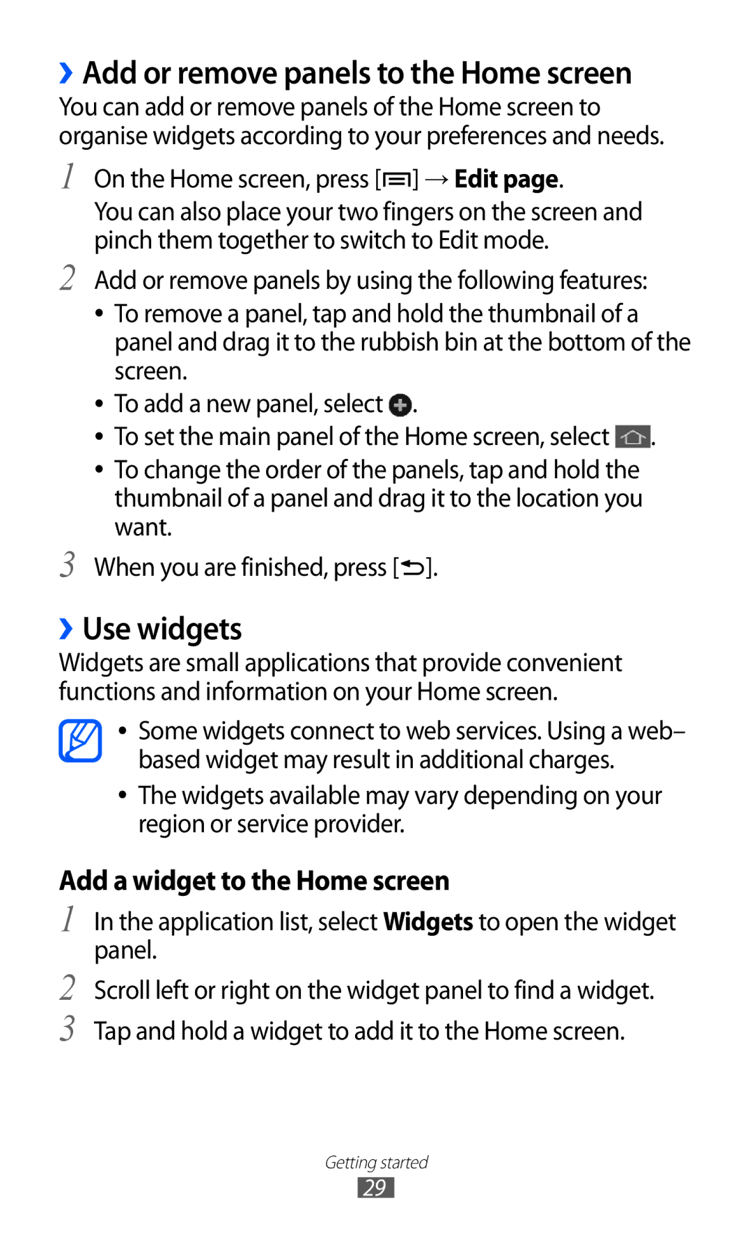 Samsung GT-I9100LKAXEG manual ››Add or remove panels to the Home screen, ››Use widgets, Add a widget to the Home screen 