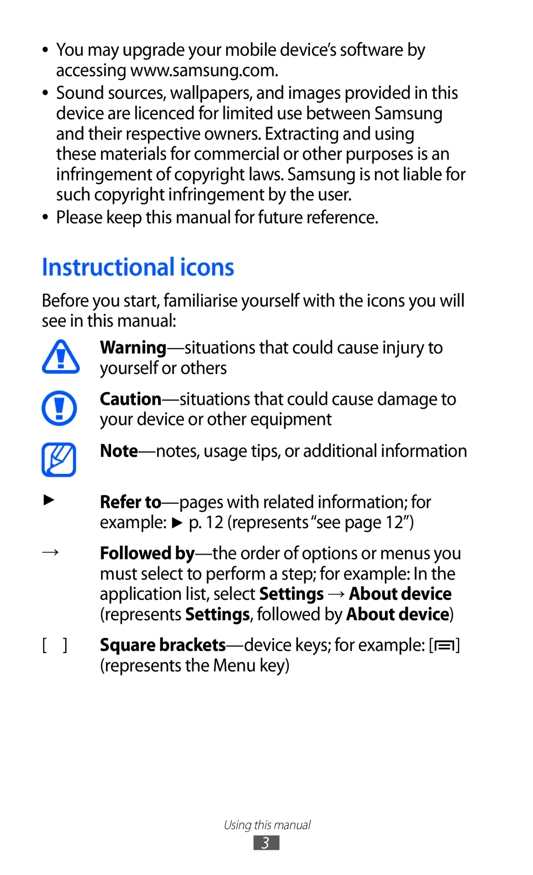 Samsung GT-I9100RWAEPL Instructional icons, Please keep this manual for future reference, Represents the Menu key 