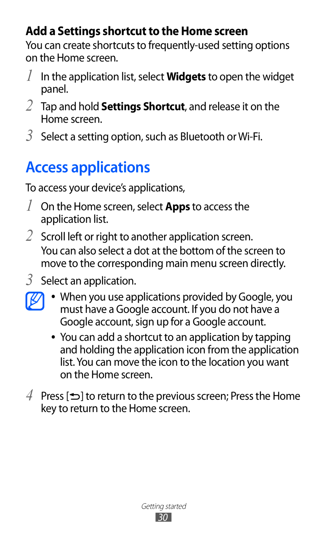 Samsung GT-I9100LKAMBC manual Access applications, Add a Settings shortcut to the Home screen, Select an application 