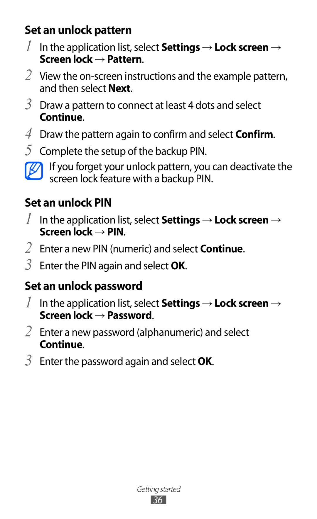 Samsung GT-I9100LKAFRE manual Set an unlock pattern, Set an unlock PIN, Set an unlock password, Screen lock → Pattern 