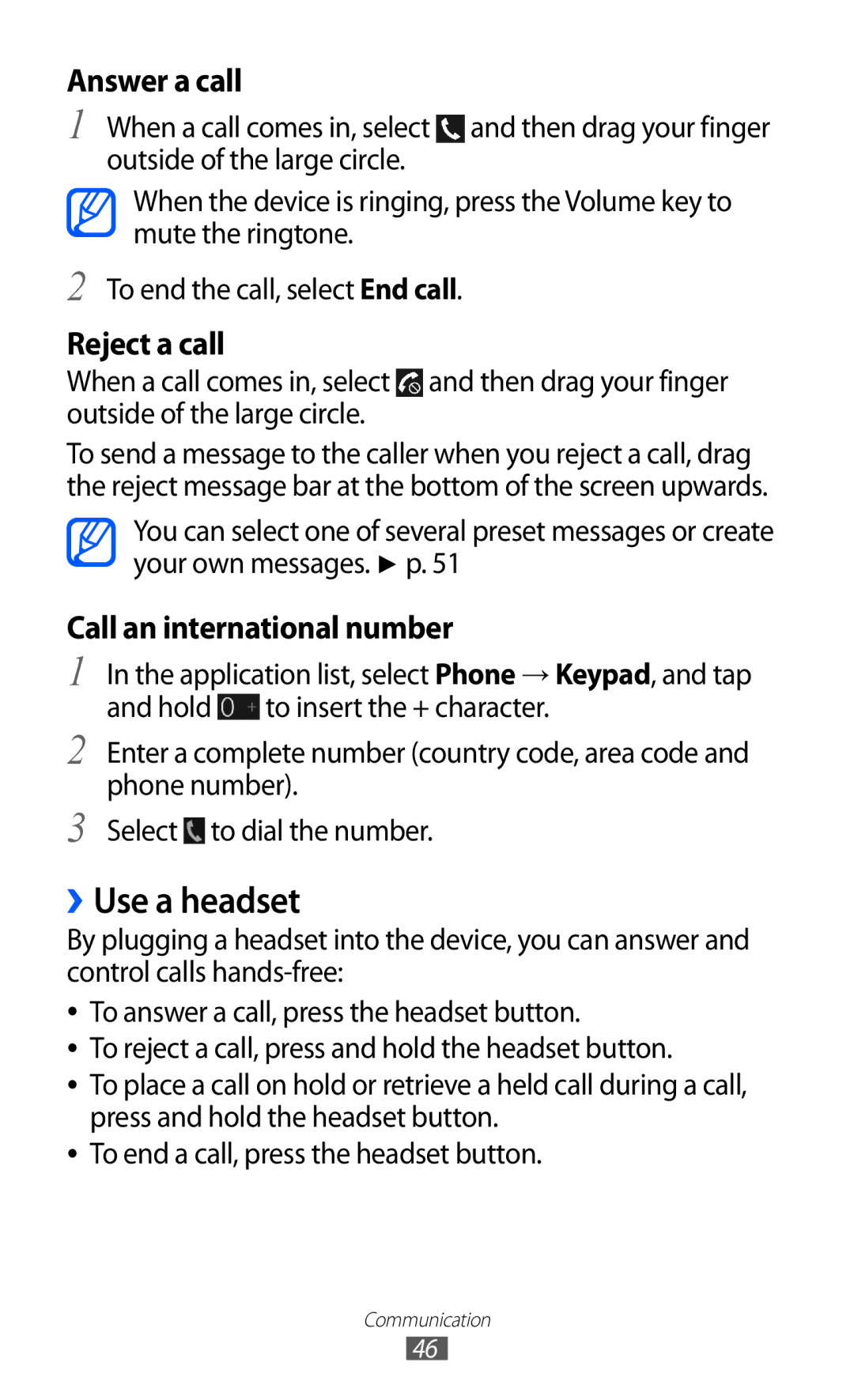 Samsung GT-I9100LKNBOG, GT-I9100LKAXEU manual ››Use a headset, Answer a call, Reject a call, Call an international number 