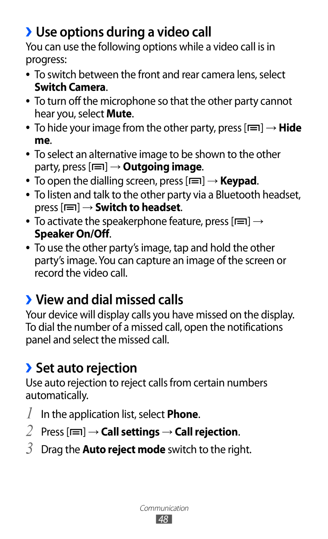 Samsung GT-I9100LAKVGF manual ››Use options during a video call, ››View and dial missed calls, ››Set auto rejection 