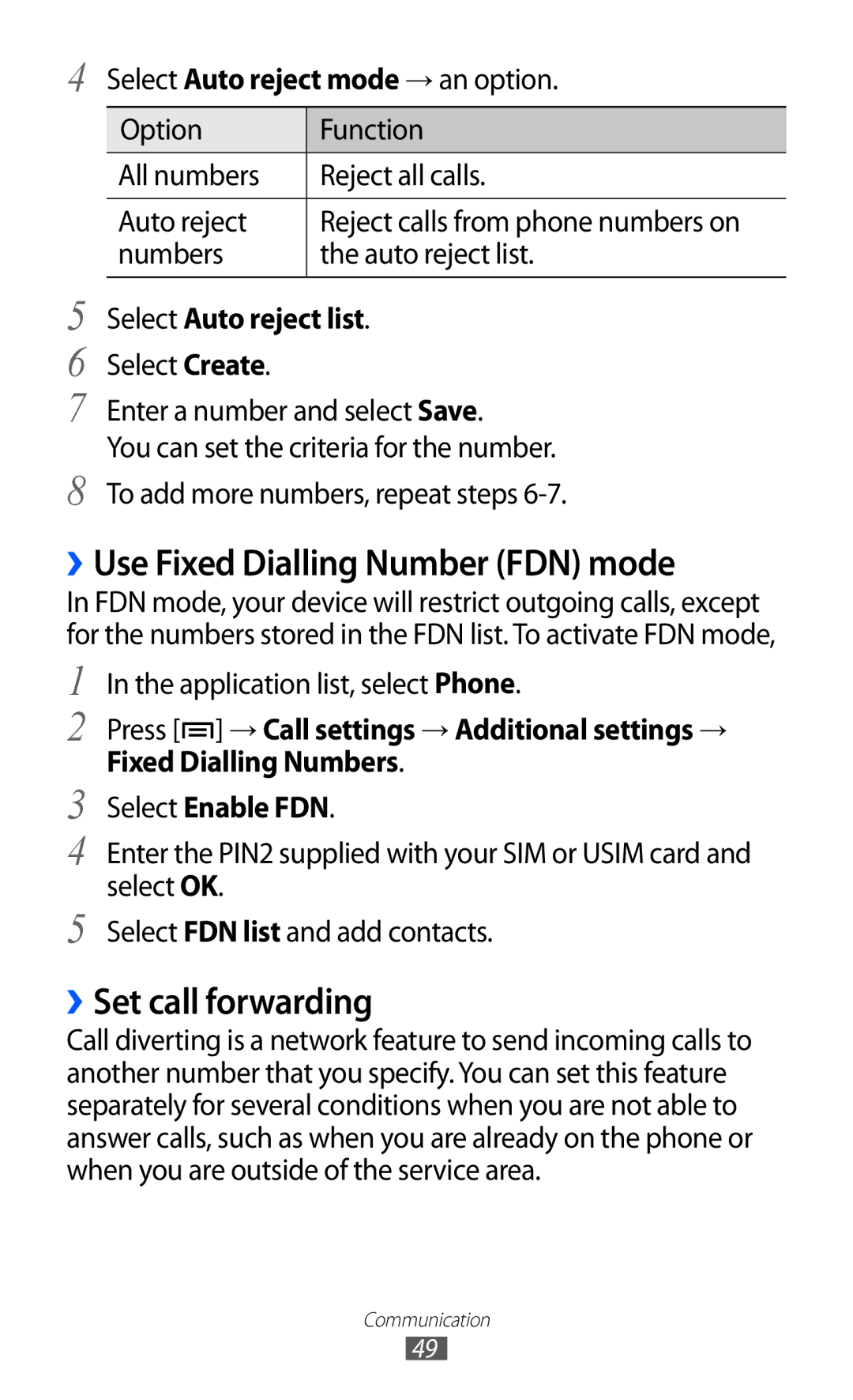 Samsung GT-I9100SWNSFR manual ››Use Fixed Dialling Number FDN mode, ››Set call forwarding, Select Auto reject list 