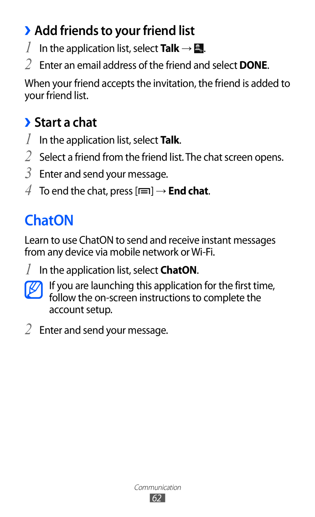 Samsung GT-I9100RWABOG, GT-I9100LKAXEU, GT-I9100LKAXSP manual ChatON, ››Add friends to your friend list, ››Start a chat 