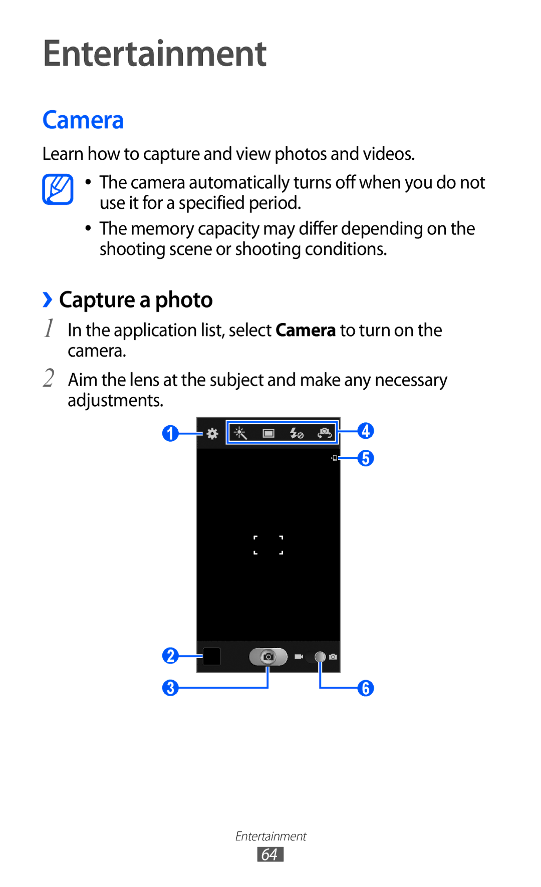 Samsung GT-I9100LKNNRJ, GT-I9100LKAXEU, GT-I9100LKAXSP, GT-I9100LKAVIA manual Entertainment, Camera, ››Capture a photo 