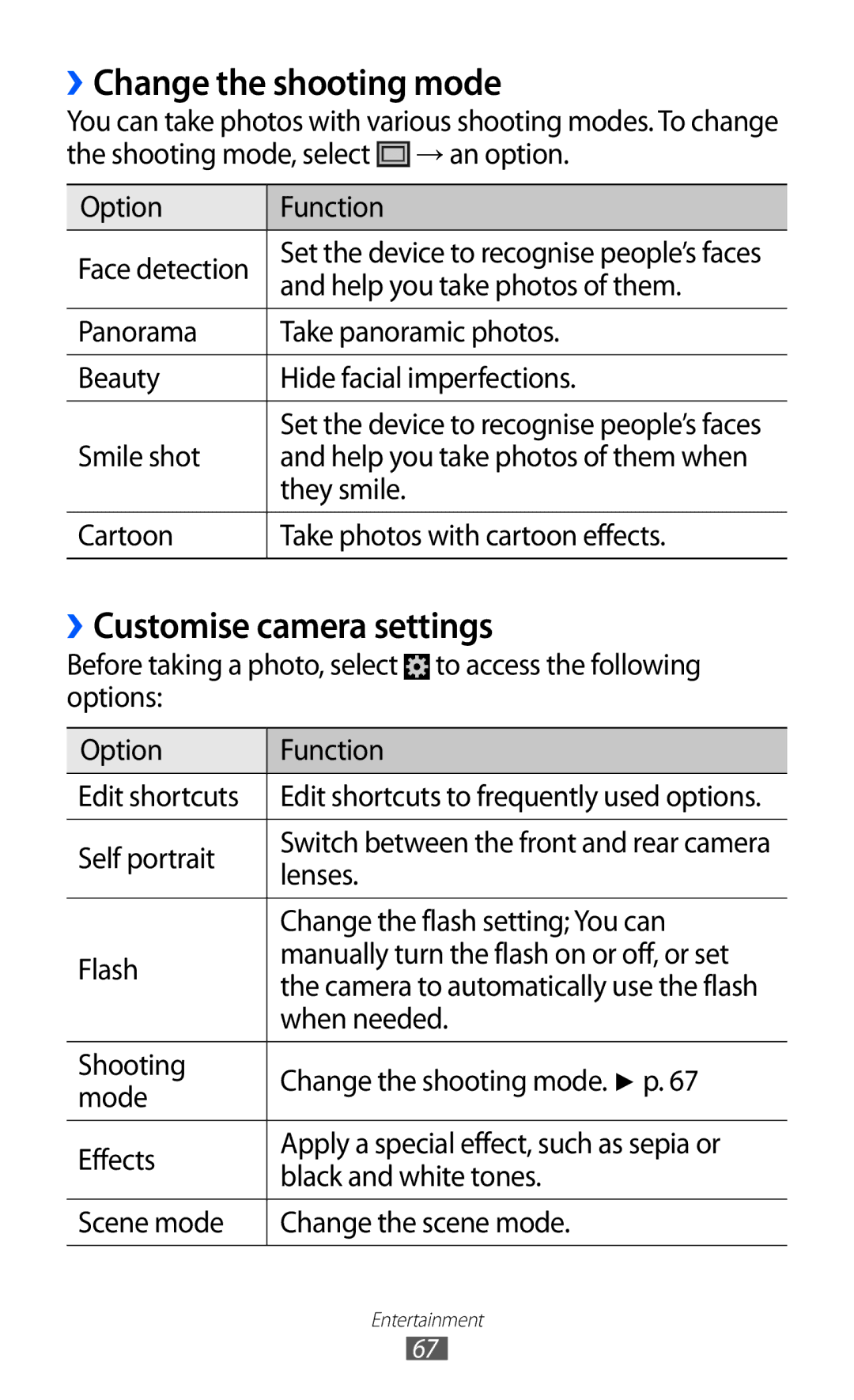 Samsung GT-I9100RWAHUI, GT-I9100LKAXEU, GT-I9100LKAXSP manual ››Change the shooting mode, ››Customise camera settings 