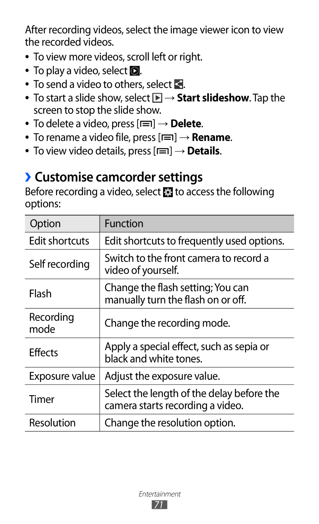 Samsung GT-I9100RWAWIN, GT-I9100LKAXEU, GT-I9100LKAXSP manual ››Customise camcorder settings, Camera starts recording a video 