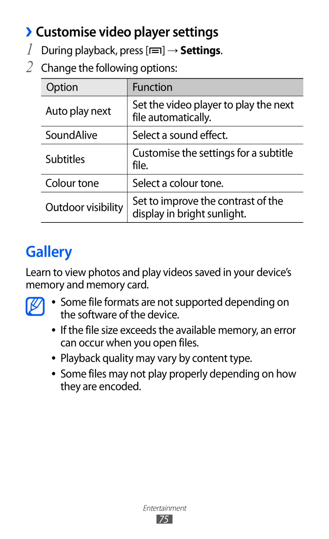 Samsung GT-I9100OIAITV, GT-I9100LKAXEU, GT-I9100LKAXSP manual Gallery, ››Customise video player settings, File automatically 