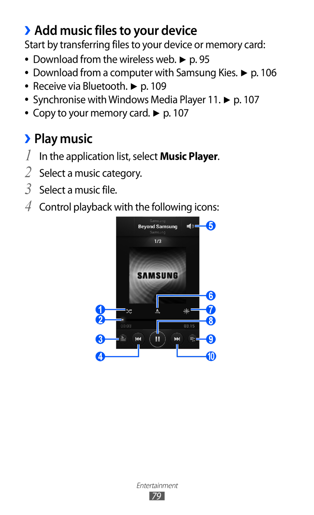 Samsung GT-I9100OIAOMN, GT-I9100LKAXEU, GT-I9100LKAXSP, GT-I9100LKAVIA manual ››Add music files to your device, ››Play music 