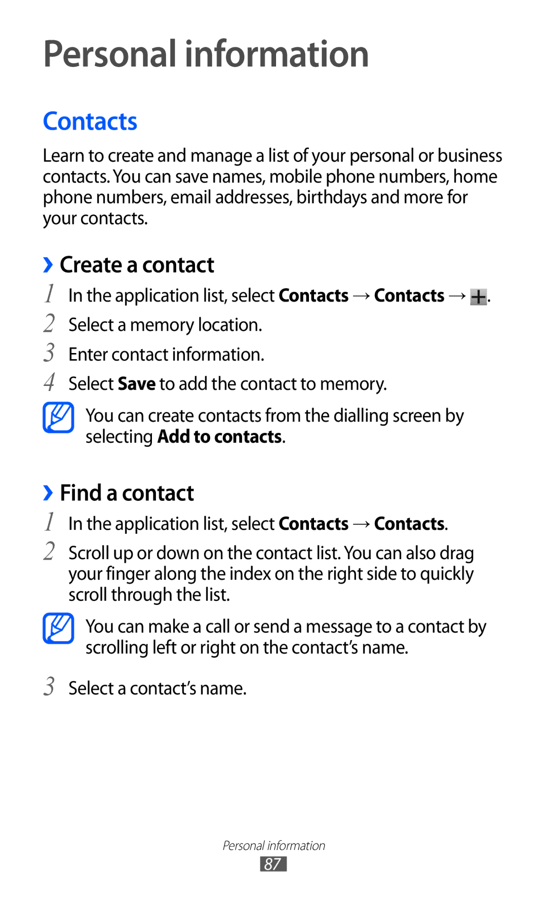 Samsung GT-I9100LKNATL manual Personal information, Contacts, ››Create a contact, ››Find a contact, Select a contact’s name 