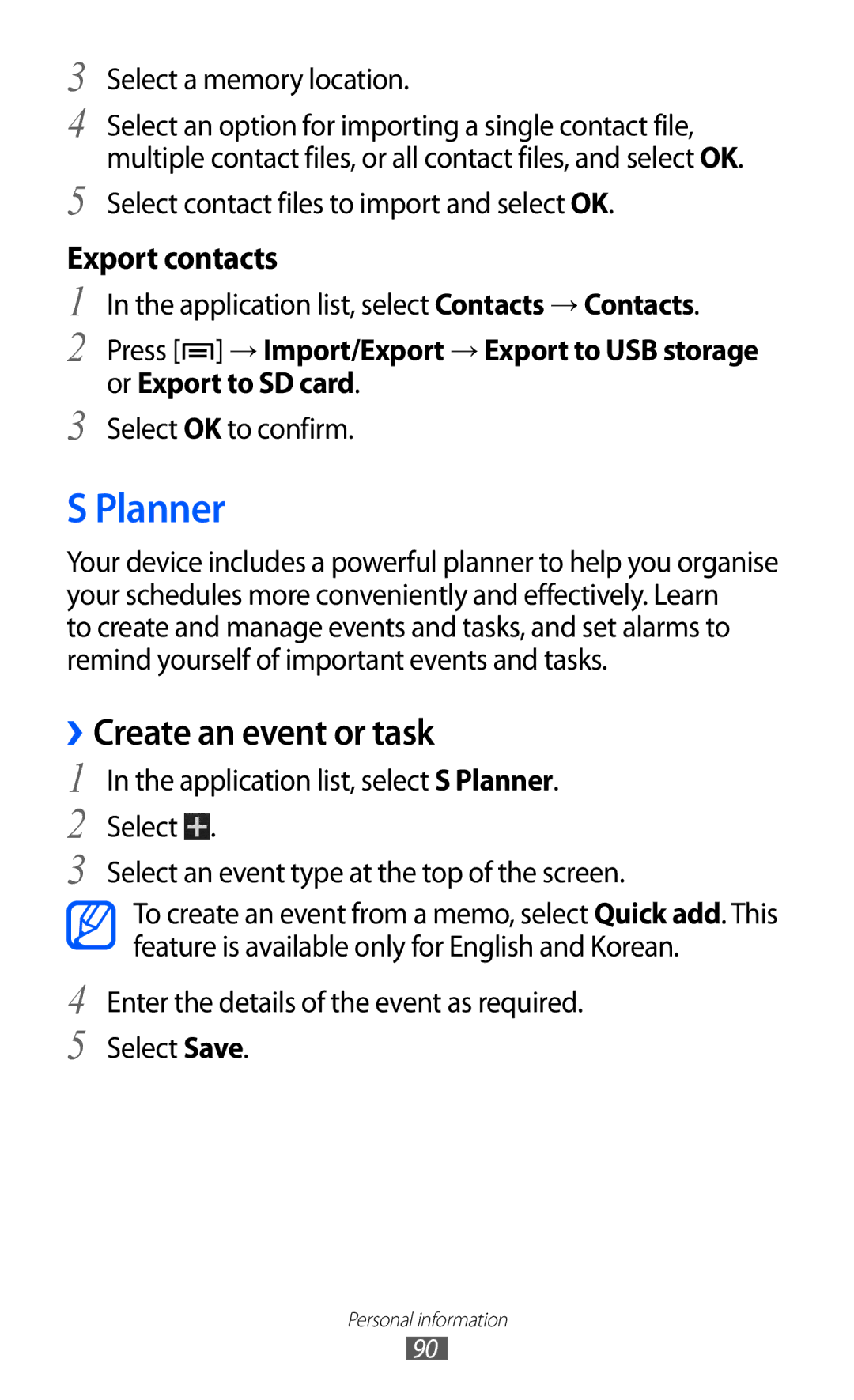 Samsung GT-I9100OIAAMN, GT-I9100LKAXEU manual Planner, ››Create an event or task, Export contacts, Or Export to SD card 