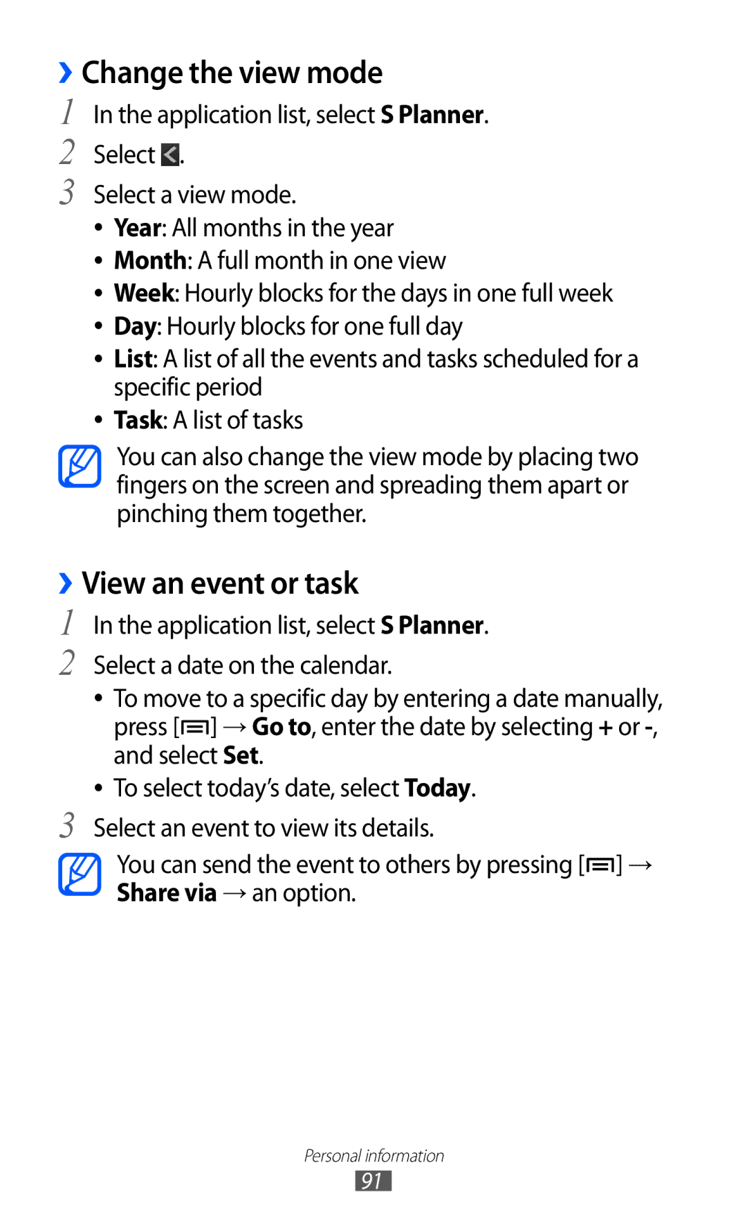 Samsung GT-I9100LKNAMN, GT-I9100LKAXEU, GT-I9100LKAXSP, GT-I9100LKAVIA manual ››Change the view mode, ››View an event or task 