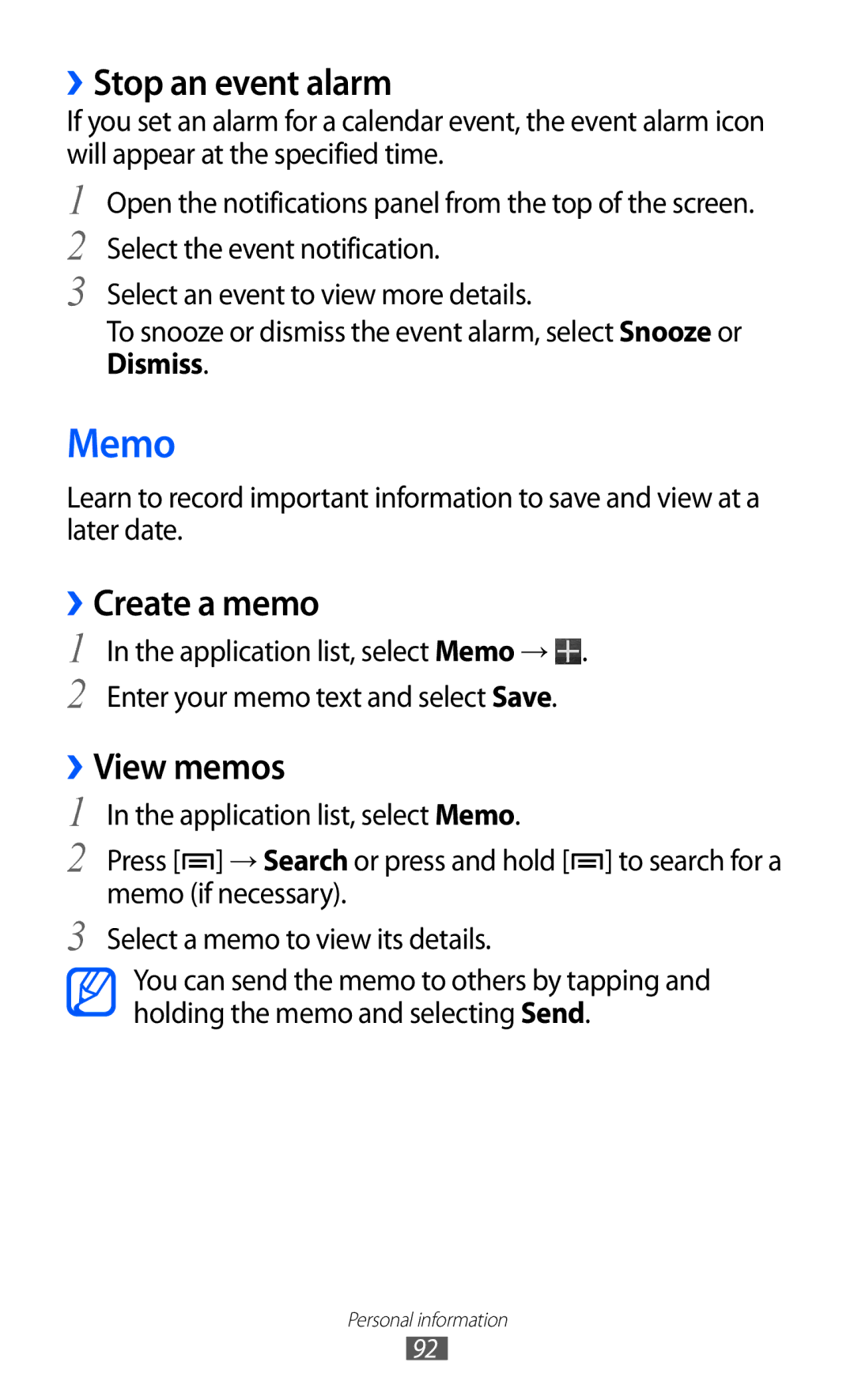 Samsung GT-I9100LKEATL, GT-I9100LKAXEU, GT-I9100LKAXSP manual Memo, ››Stop an event alarm, ››Create a memo, ››View memos 