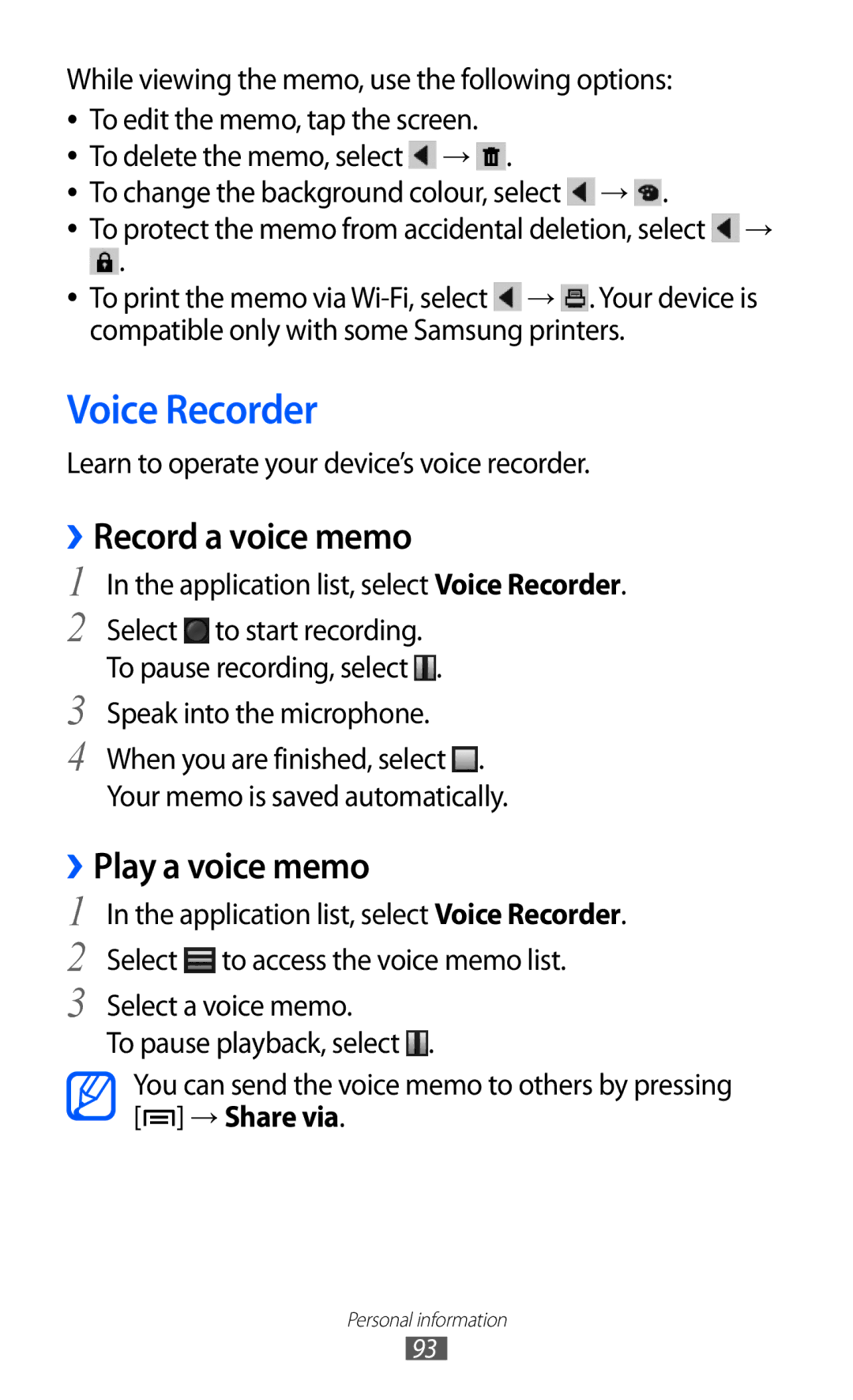 Samsung GT-I9100RWNATL, GT-I9100LKAXEU, GT-I9100LKAXSP manual Voice Recorder, Record a voice memo, Play a voice memo 