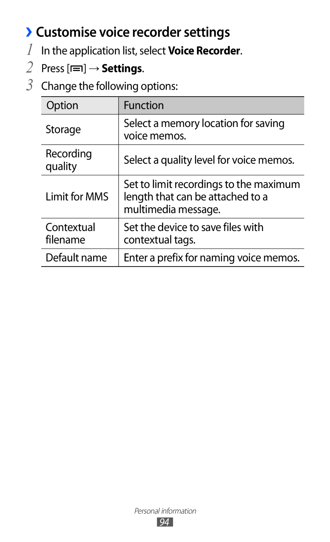 Samsung GT-I9100RWEATL, GT-I9100LKAXEU, GT-I9100LKAXSP, GT-I9100LKAVIA manual ››Customise voice recorder settings, Quality 