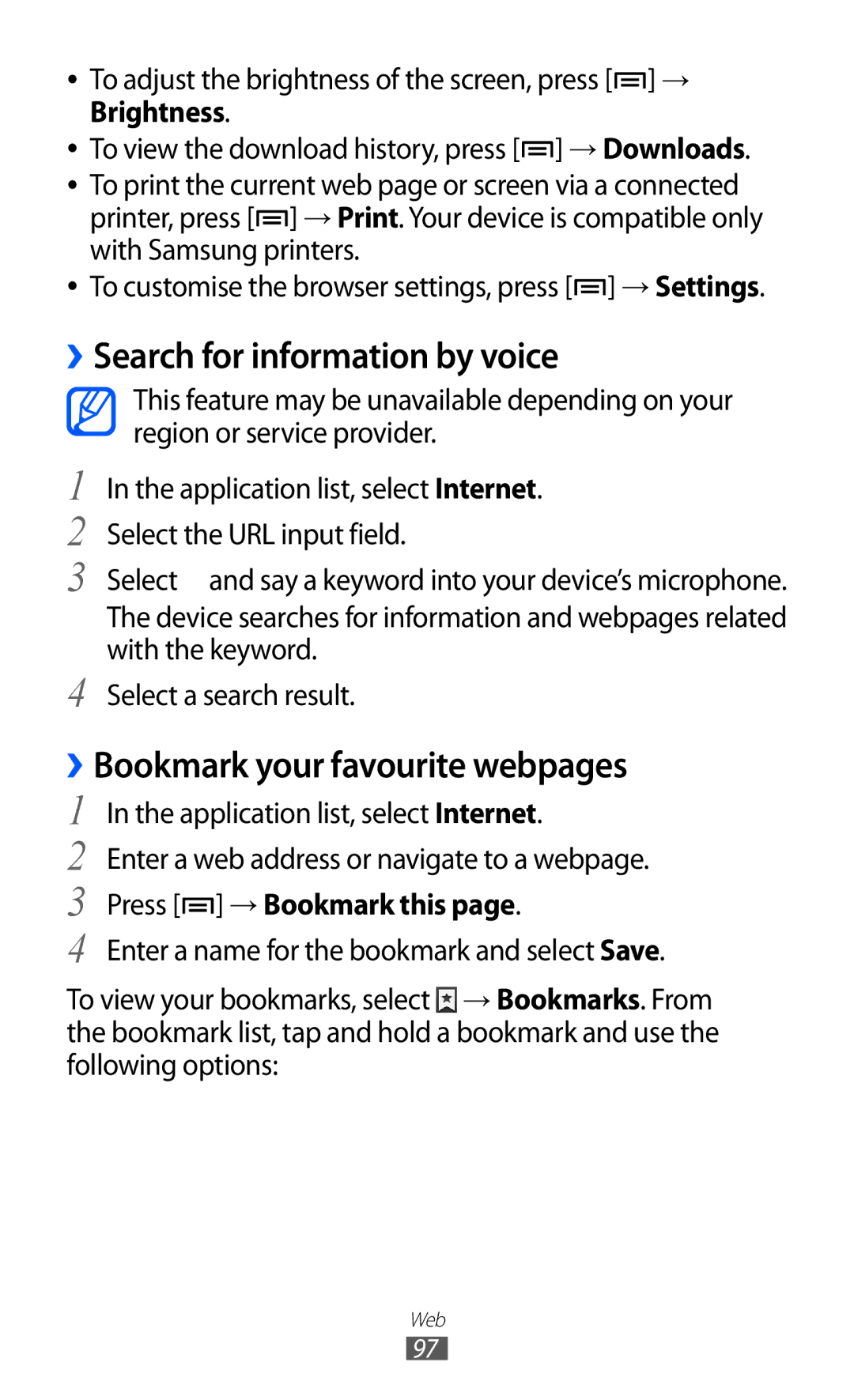 Samsung GT-I9100LKAATL manual ››Search for information by voice, ››Bookmark your favourite webpages, Press → Bookmark this 