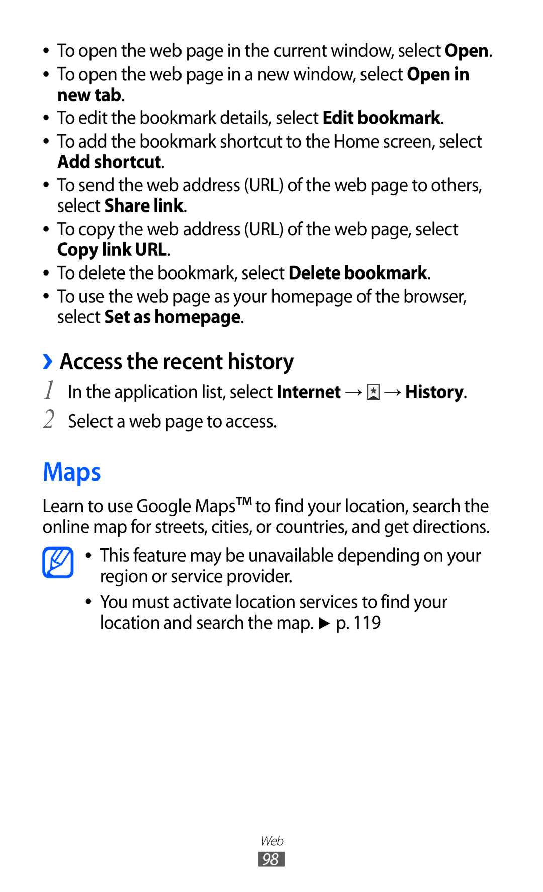 Samsung GT-I9100LKAXEC, GT-I9100LKAXEU, GT-I9100LKAXSP, GT-I9100LKAVIA manual Maps, ››Access the recent history, New tab 
