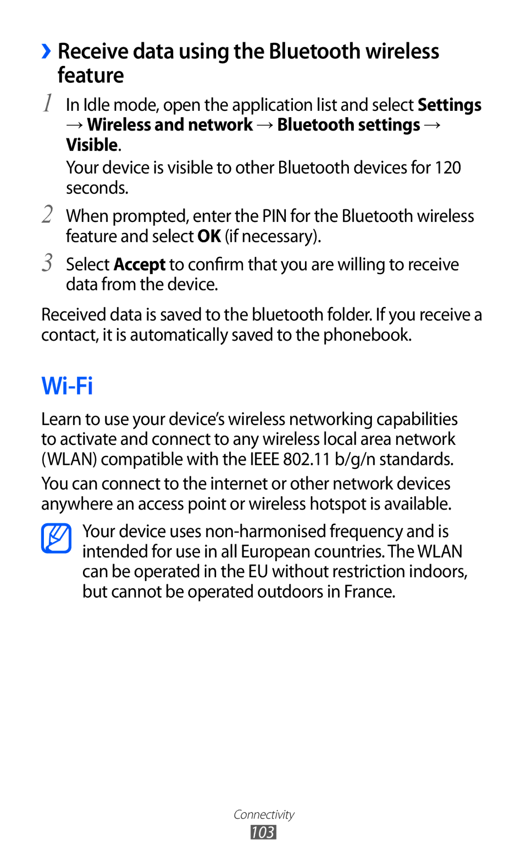 Samsung GT-I9100LKAXEU user manual Wi-Fi, ››Receive data using the Bluetooth wireless feature 