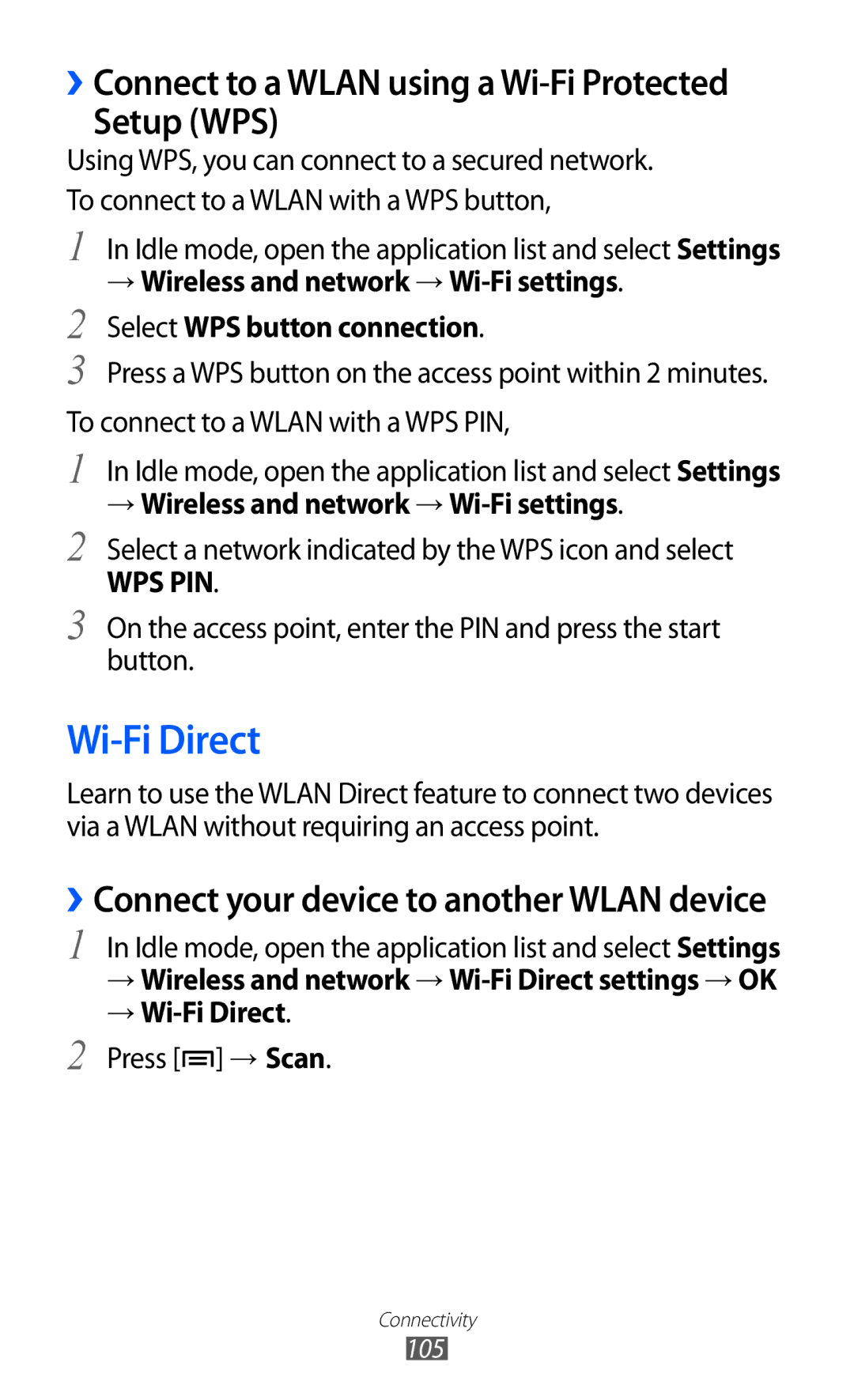 Samsung GT-I9100LKAXEU user manual Setup WPS, → Wi-Fi Direct 