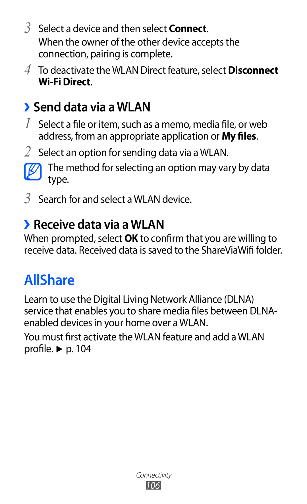 Samsung GT-I9100LKAXEU user manual AllShare, ››Send data via a Wlan, ››Receive data via a Wlan, Wi-Fi Direct 