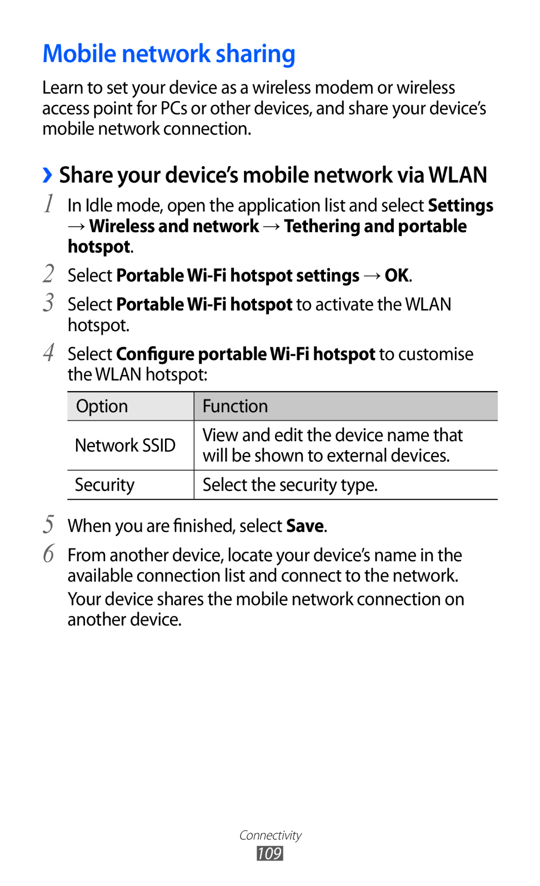 Samsung GT-I9100LKAXEU user manual Mobile network sharing, ››Share your device’s mobile network via Wlan 