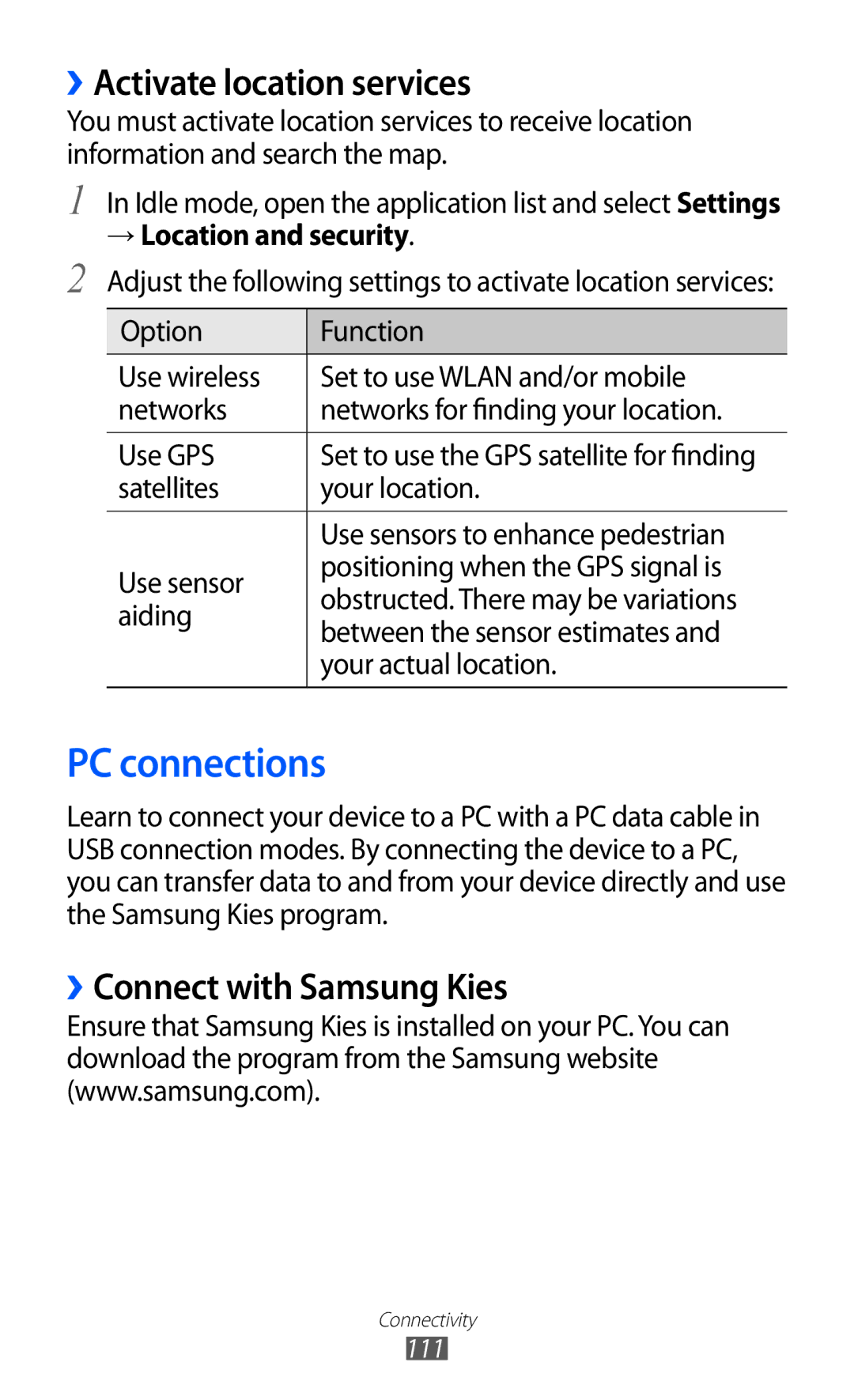 Samsung GT-I9100LKAXEU PC connections, ››Activate location services, ››Connect with Samsung Kies, → Location and security 