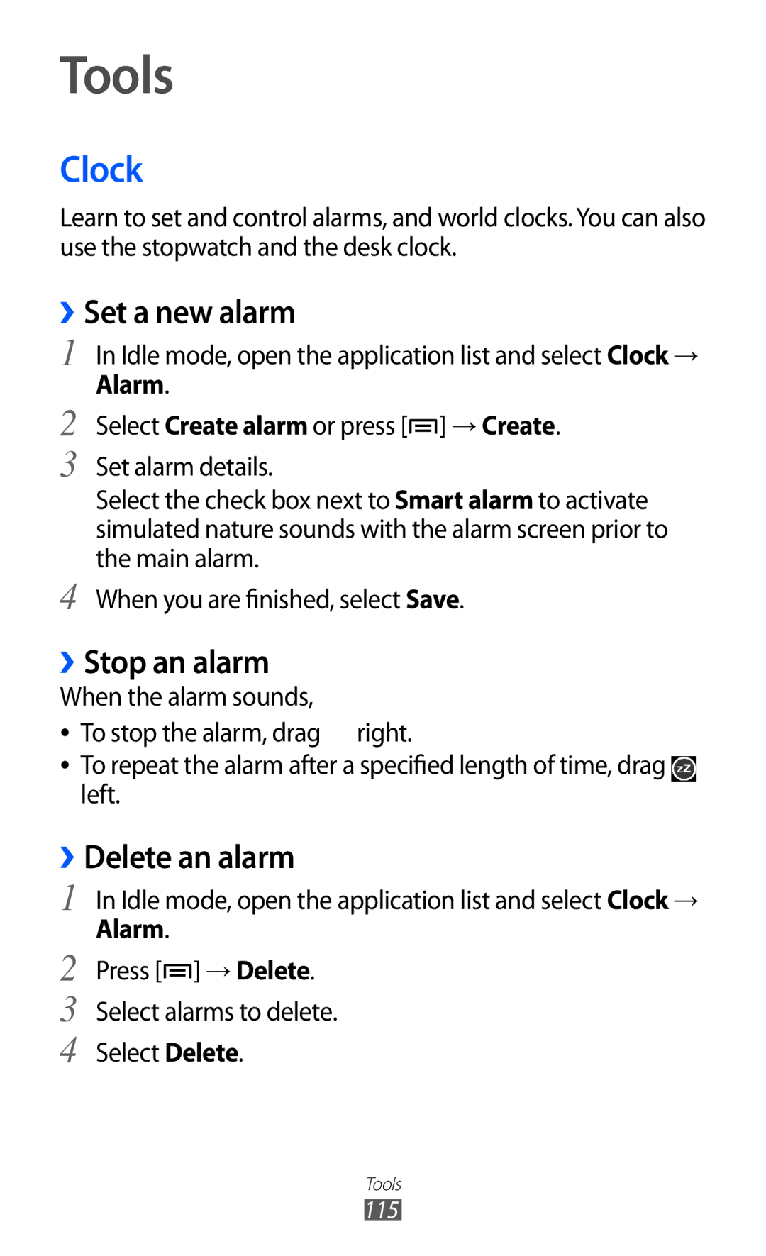 Samsung GT-I9100LKAXEU user manual Tools, Clock, ››Set a new alarm, ››Stop an alarm, ››Delete an alarm 