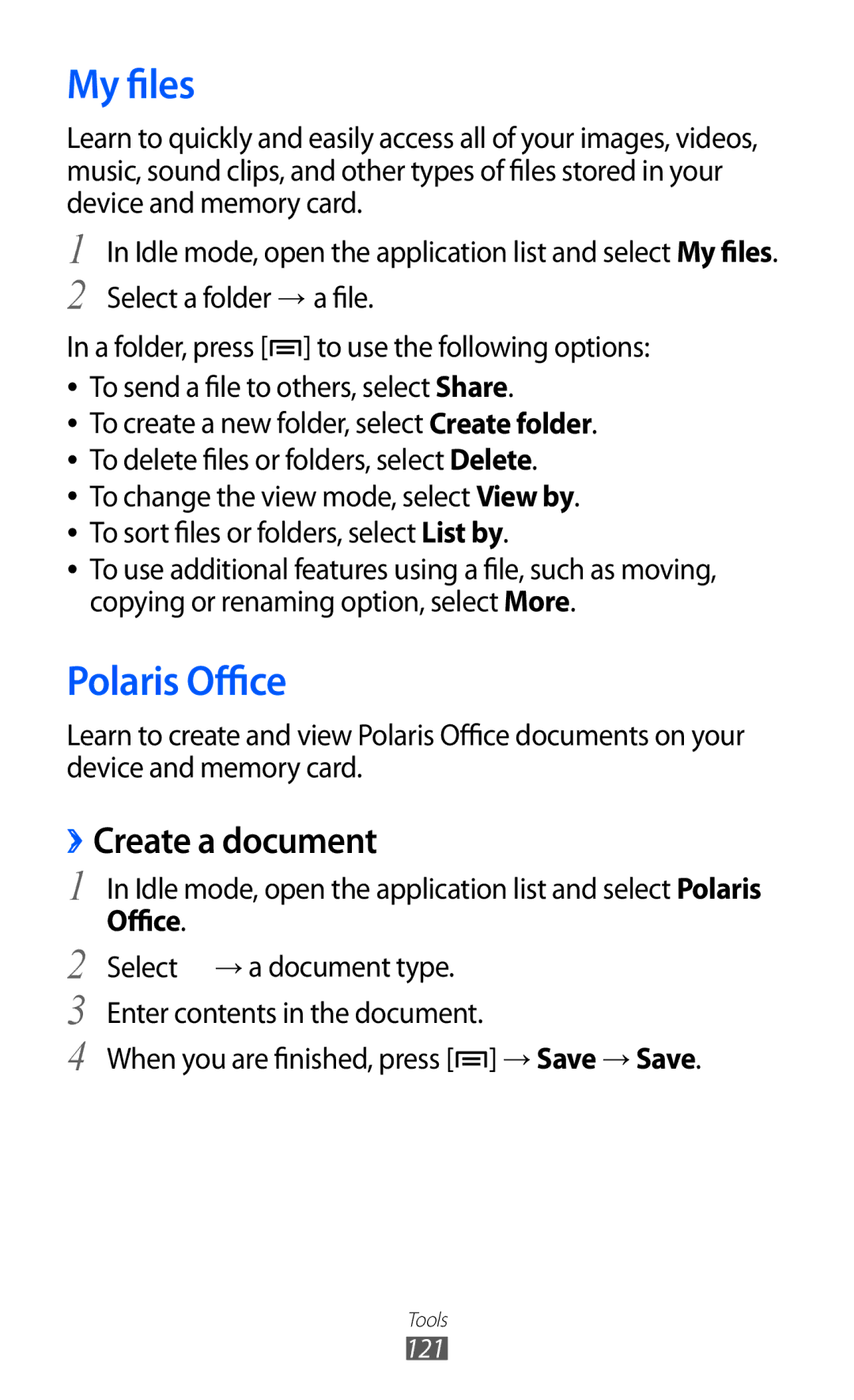 Samsung GT-I9100LKAXEU user manual My files, Polaris Office, ››Create a document 